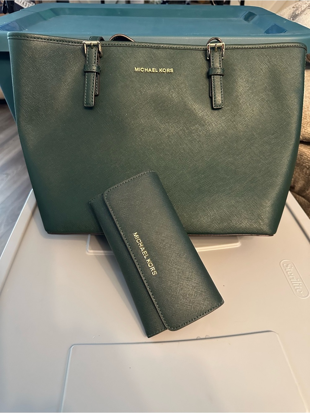 MICHAEL KORS Dark Green Saffiano Tote with Matching Wallet